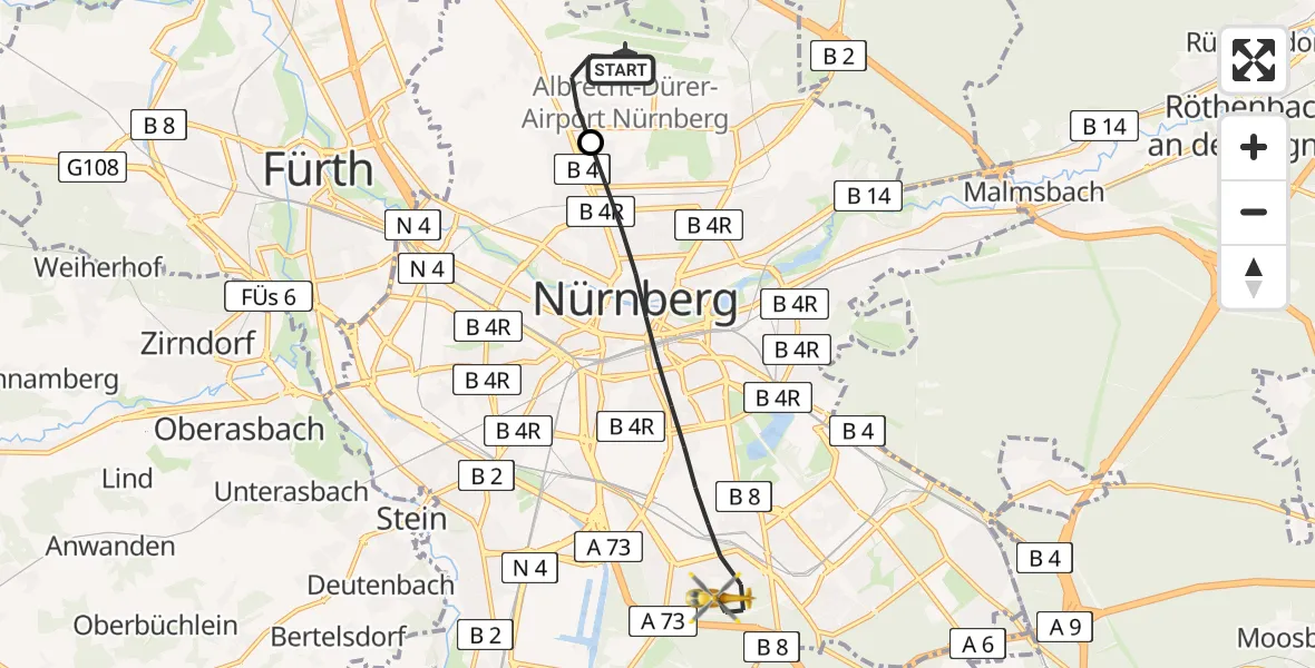 Routekaart van de vlucht: Ambulanzhubschrauber nach Nürnberg, Teststrecke Polizei