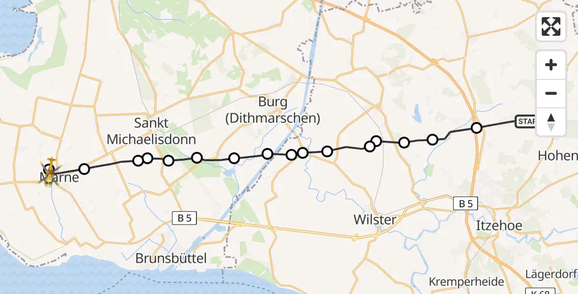Flugroute Rettungshubschrauber Hohenaspe - Marne, 24 Februar 2026, 10:57
