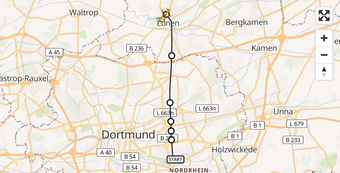 Flugroute Rettungshubschrauber Aplerbeck - Sankt Marien Hospital Heliport, 24 Februar 2026, 11:01
