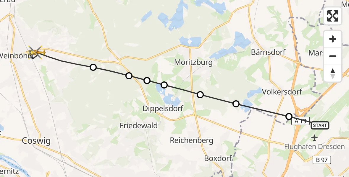 Flugroute Rettungshubschrauber Dresden Airport - Weinböhla, 24 Februar 2026, 11:24