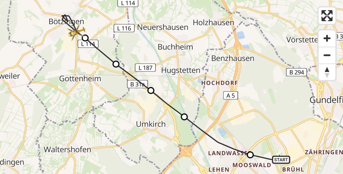 Flugroute Rettungshubschrauber Freiburg im Breisgau Airfield - Bötzingen, 24 Februar 2026, 11:24