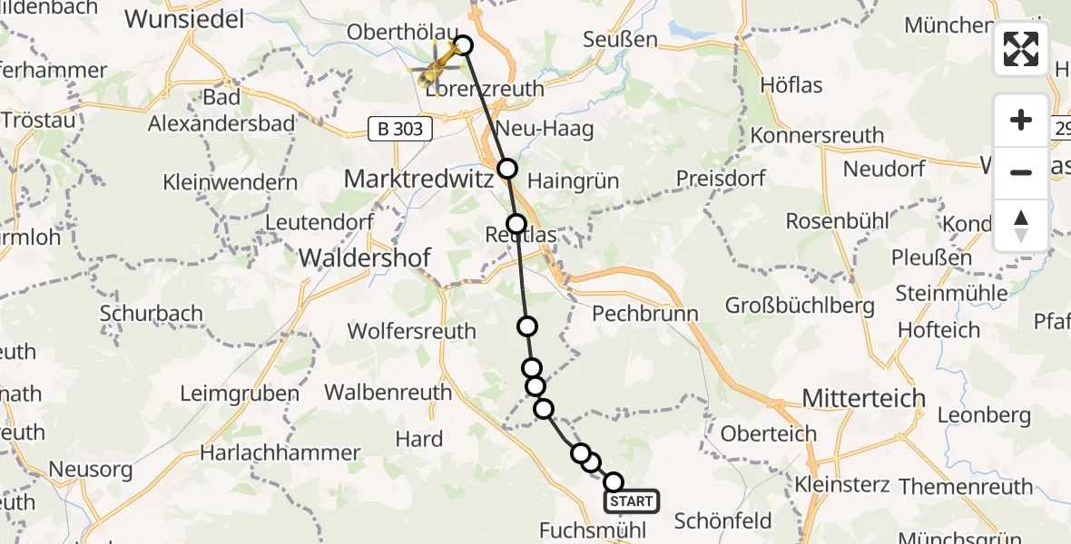 Flugroute Rettungshubschrauber Fuchsmühl - Lorenzreuth, 24 Februar 2026, 11:32