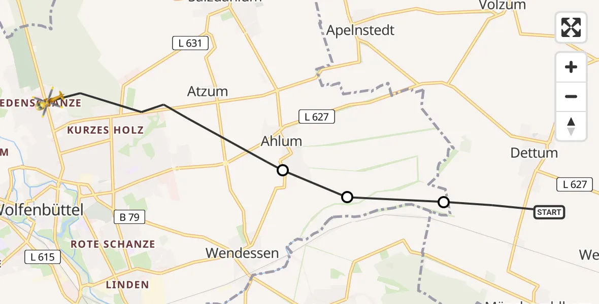 Flugroute Rettungshubschrauber Dettum - Wolfenbüttel Municipal Hospital Heliport (Christoph 30), 24 Februar 2026, 11:33