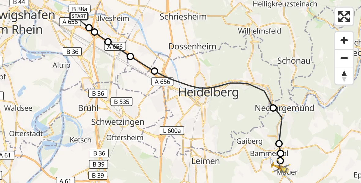 Flugroute Rettungshubschrauber Mannheim-City Airport - Mauer, 24 Februar 2026, 11:41