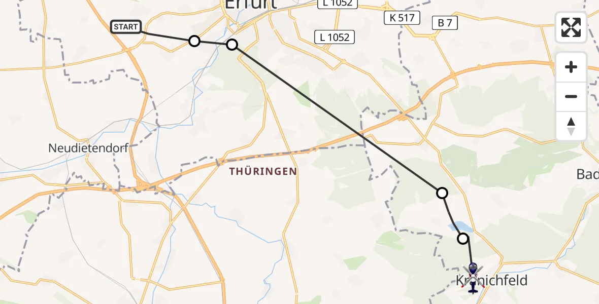 Flugroute Polizeihubschrauber Bindersleben - Kranichfeld, 24 Februar 2026, 11:43
