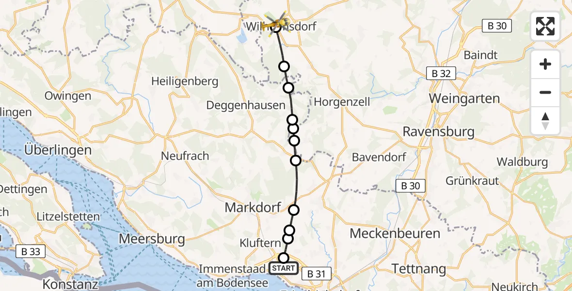 Flugroute Rettungshubschrauber Friedrichshafen Hospital Heliport - Niederweiler, 24 Februar 2026, 11:44