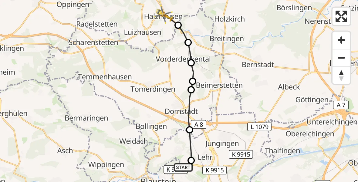 Flugroute Rettungshubschrauber ADAC Air Rescue Station Ulm (Christoph 22) - Halzhausen, 24 Februar 2026, 11:49