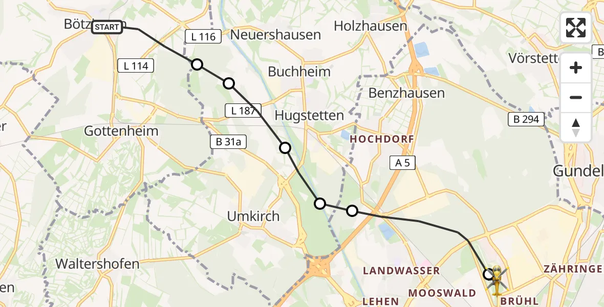Flugroute Rettungshubschrauber Bötzingen - Freiburg im Breisgau Airfield, 24 Februar 2026, 12:05