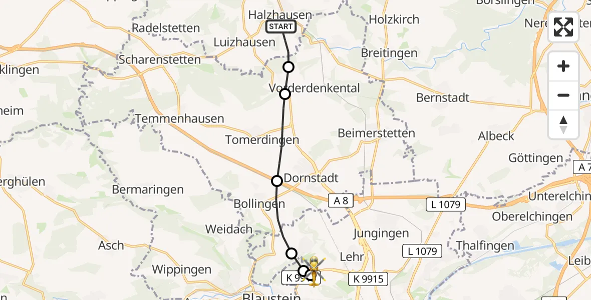 Flugroute Rettungshubschrauber Halzhausen - ADAC Air Rescue Station Ulm (Christoph 22), 24 Februar 2026, 12:08