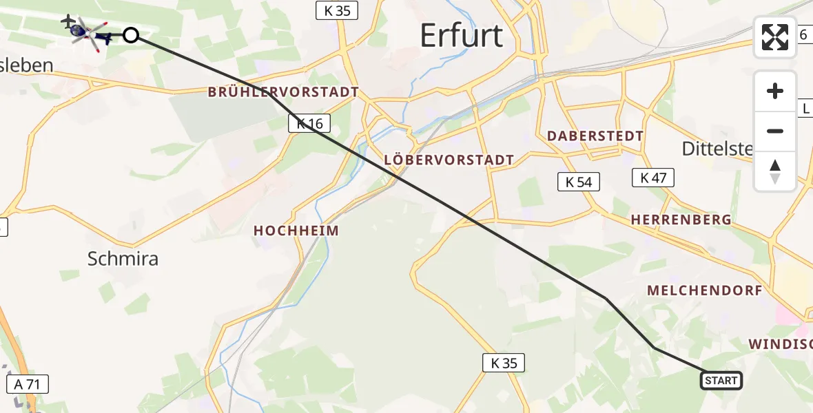 Flugroute Polizeihubschrauber Erfurt - Erfurt-Weimar Airport, 24 Februar 2026, 12:11