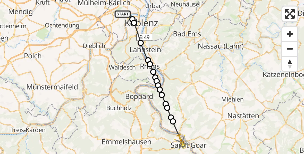 Flugroute Rettungshubschrauber Koblenz - Biebernheim, 24 Februar 2026, 12:17