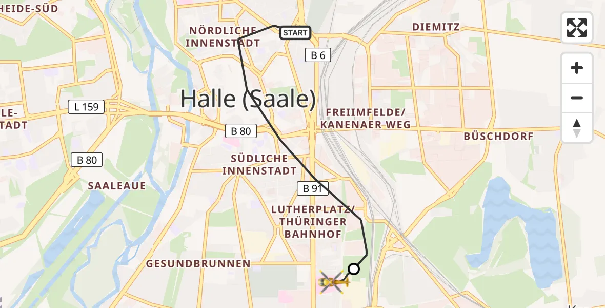 Routekaart van de vlucht: Ambulanzhubschrauber nach BG Hospital Bergmannstrost Halle Heliport