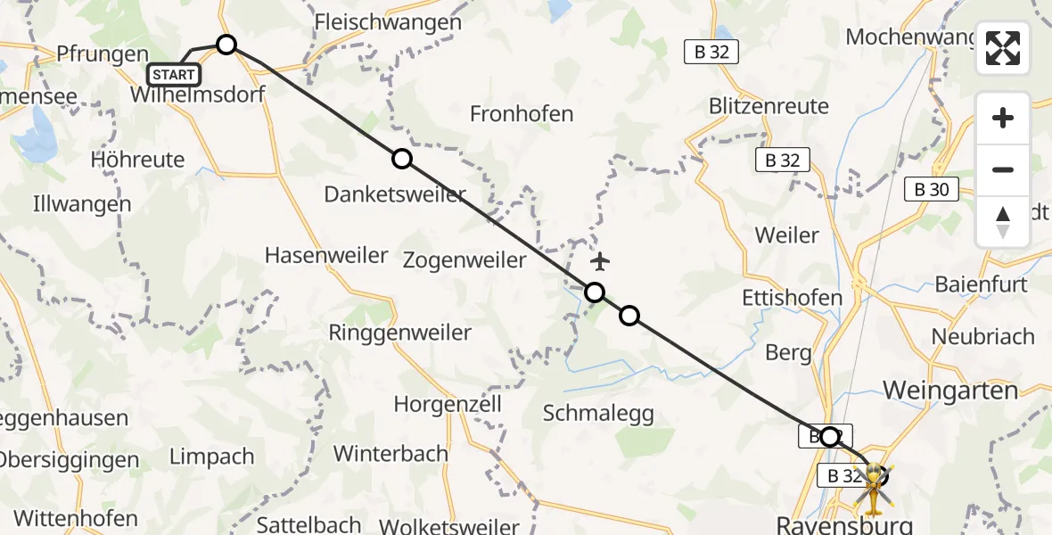 Flugroute Rettungshubschrauber Niederweiler - Sankt Elisabeth Hospital Heliport, 24 Februar 2026, 12:23