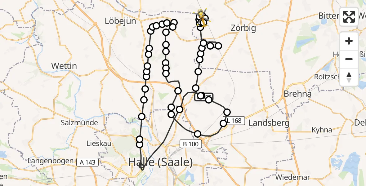 Flugroute Ambulanzhubschrauber Halle-Oppin Airfield - Schortewitz, 24 Februar 2026, 12:24