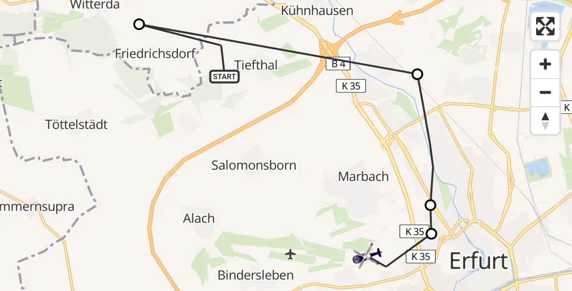 Flugroute Polizeihubschrauber Tiefthal - Erfurt, 24 Februar 2026, 12:35
