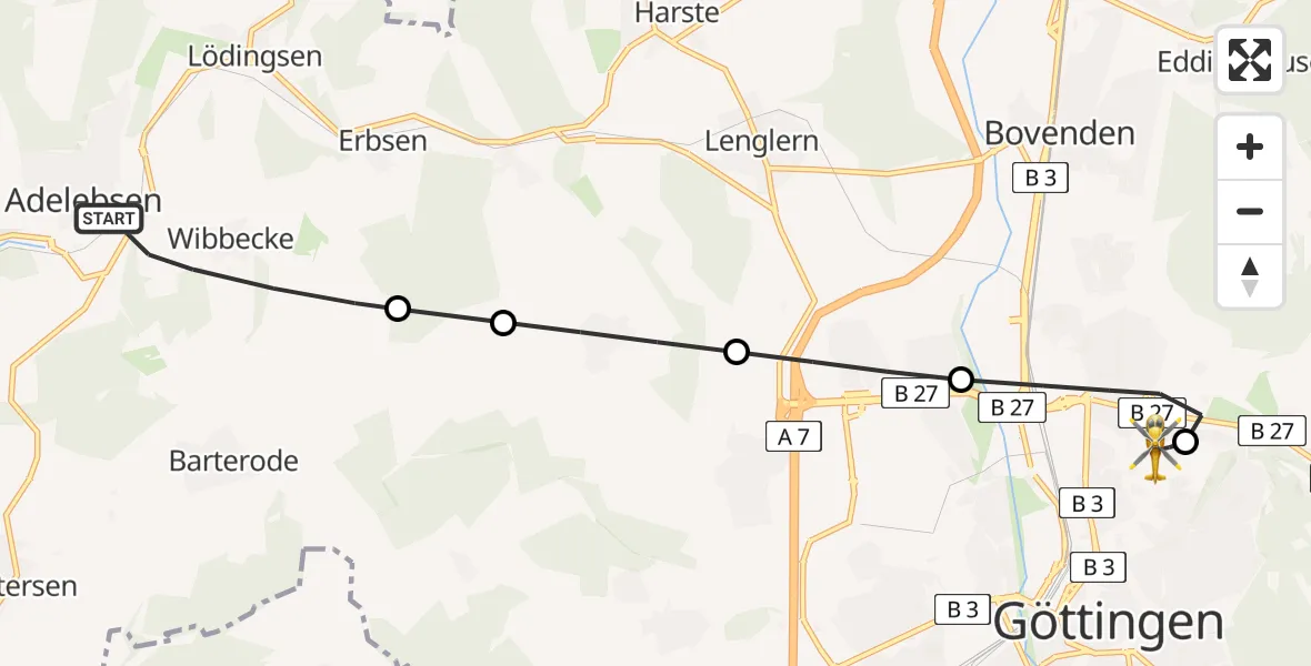 Flugroute Rettungshubschrauber Adelebsen - Göttingen University Clinic Heliport, 24 Februar 2026, 12:51