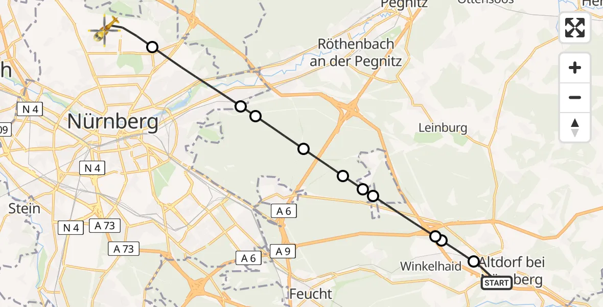 Flugroute Rettungshubschrauber Weinhof - Nuremberg Airport, 24 Februar 2026, 12:59