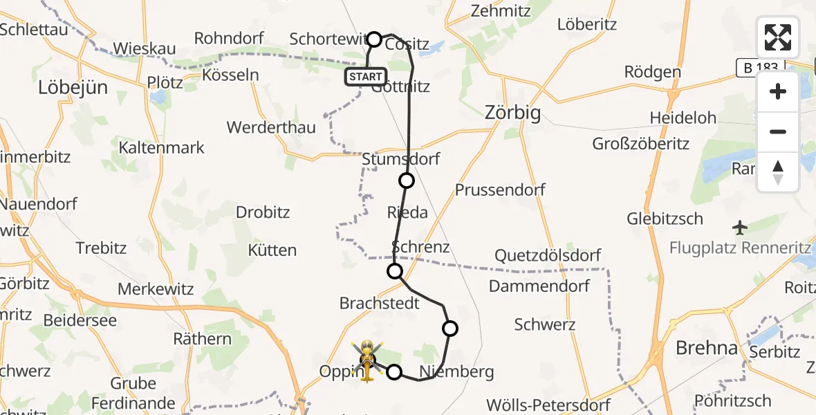Flugroute Ambulanzhubschrauber Schortewitz - Landsberg, 24 Februar 2026, 13:07