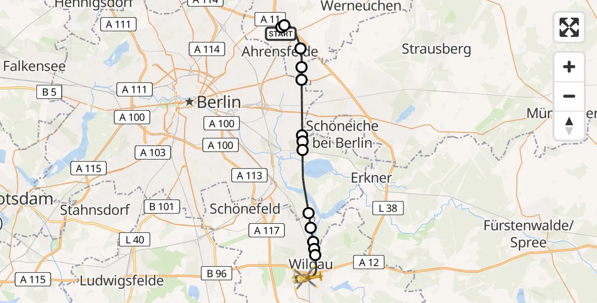 Flugroute Ambulanzhubschrauber Ahrensfelde Heliport - Königs Wusterhausen, 24 Februar 2026, 13:09