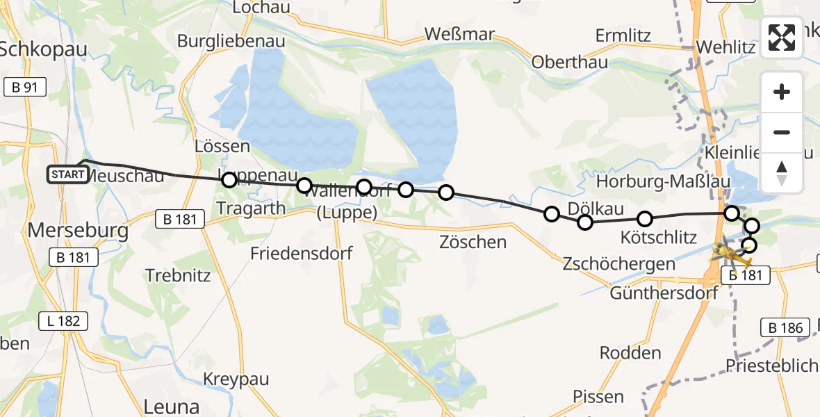 Flugroute Rettungshubschrauber Merseburg - ADAC Air Rescue Station Leipzig/Schkeuditz-Dölzig Heliport (Christoph 61), 24 Februar 2026, 13:11