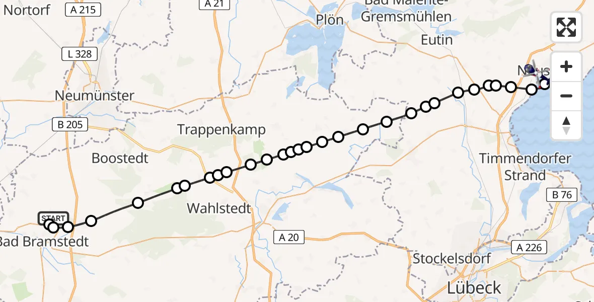 Flugroute Polizeihubschrauber Bad Bramstedt Heliport - Neustadt in Holstein, 24 Februar 2026, 13:22