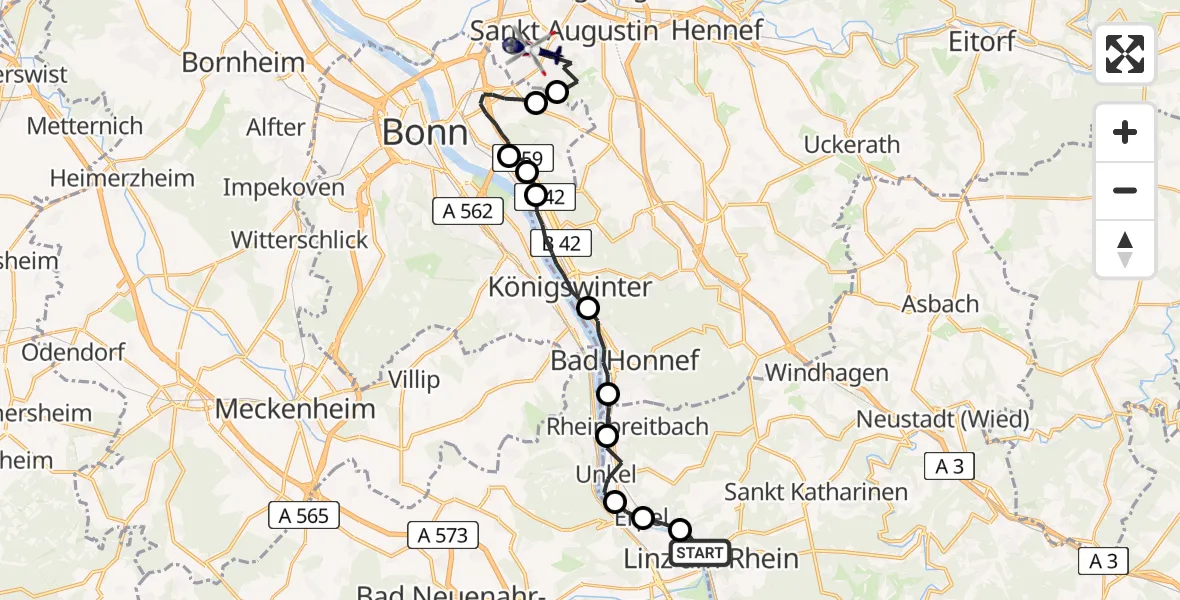 Flugroute Polizeihubschrauber Linz am Rhein - Sankt Augustin, 24 Februar 2026, 13:24