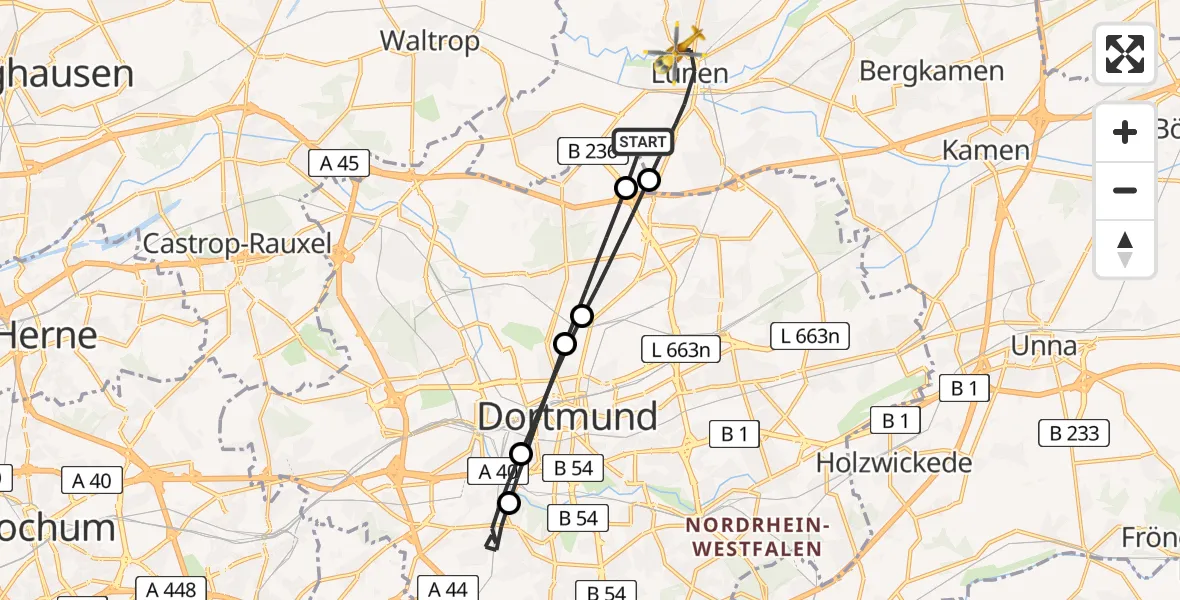 Flugroute Rettungshubschrauber Lünen - Sankt Marien Hospital Heliport, 24 Februar 2026, 13:34