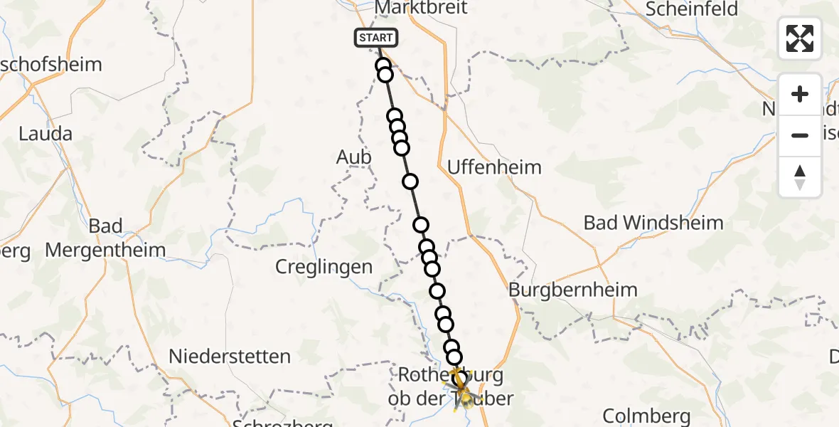 Flugroute Rettungshubschrauber Marktbreit - Rothenburg ob der Tauber, 24 Februar 2026, 13:39