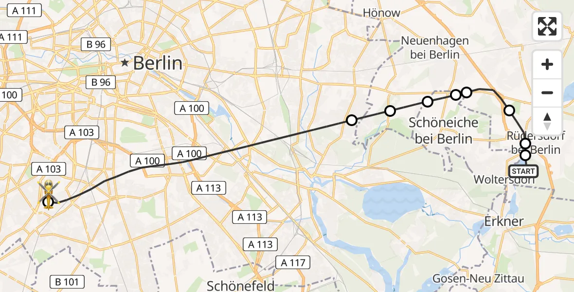 Flugroute Rettungshubschrauber Rüdersdorf - Charité Clinic Benjamin Franklin Campus Heliport, 24 Februar 2026, 13:46