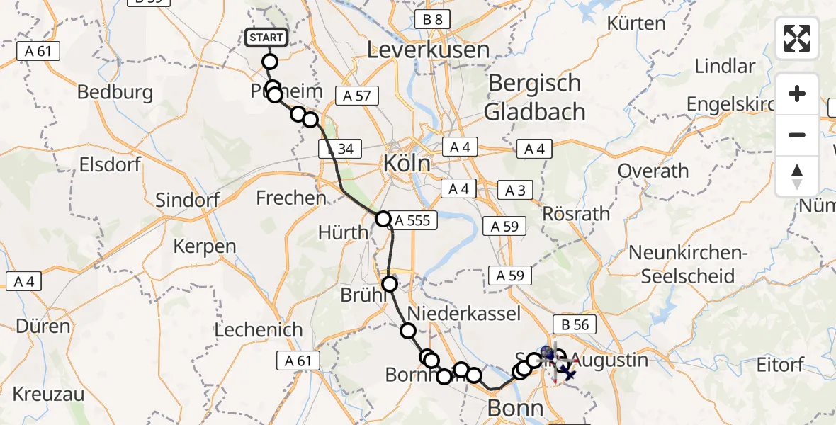 Flugroute Polizeihubschrauber Stommelerbusch - Bonn-Hangelar Airfield, 24 Februar 2026, 13:46