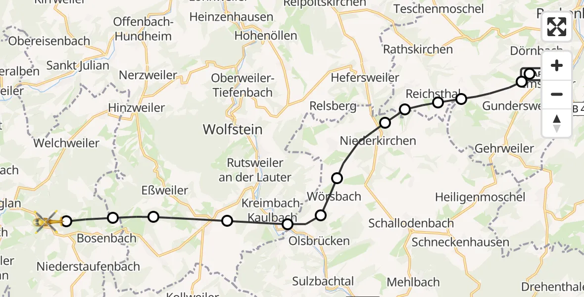Flugroute Rettungshubschrauber Imsweiler UL - Friedelhausen, 24 Februar 2026, 14:05