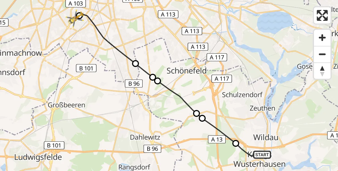 Flugroute Ambulanzhubschrauber Königs Wusterhausen - Charité Clinic Benjamin Franklin Campus Heliport, 24 Februar 2026, 14:08