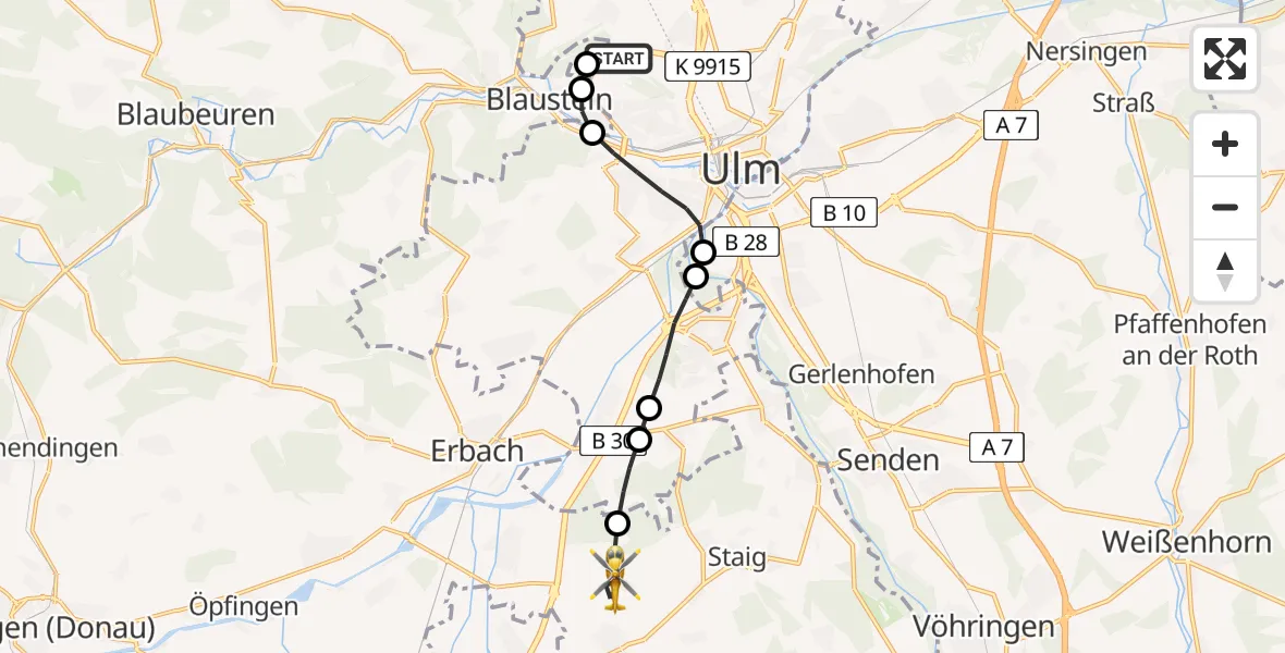 Flugroute Rettungshubschrauber ADAC Air Rescue Station Ulm (Christoph 22) - Humlangen, 24 Februar 2026, 14:10