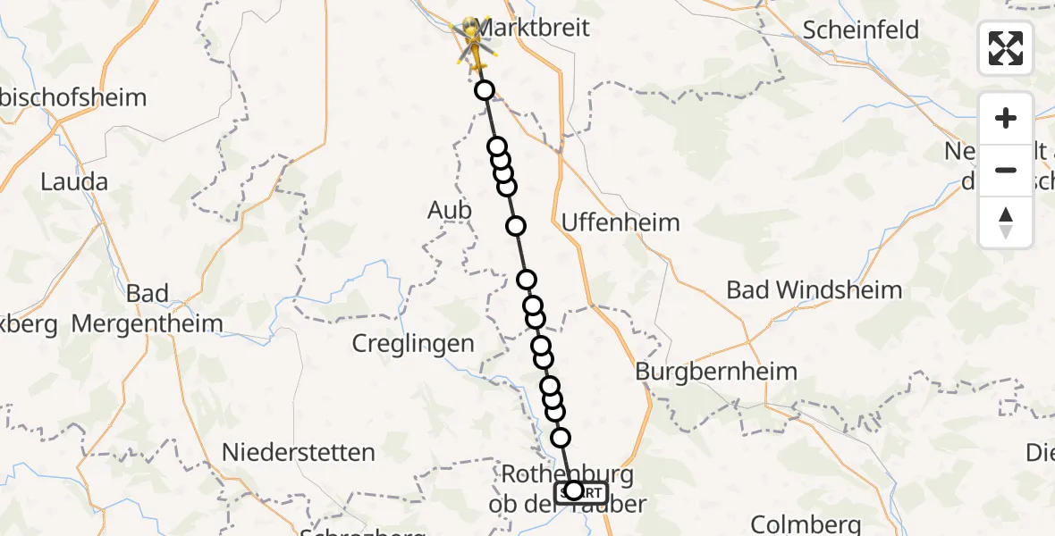 Flugroute Rettungshubschrauber Rothenburg ob der Tauber - Ochsenfurt Hospital Heliport, 24 Februar 2026, 14:18