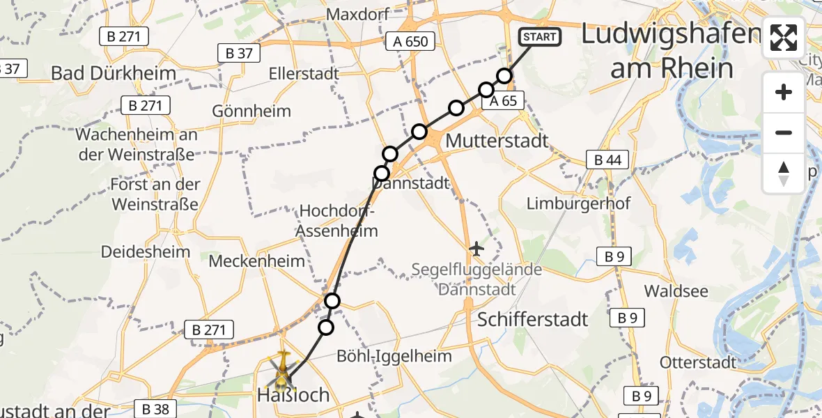 Flugroute Rettungshubschrauber Ludwigshafen am Rhein - Haßloch, 24 Februar 2026, 14:40