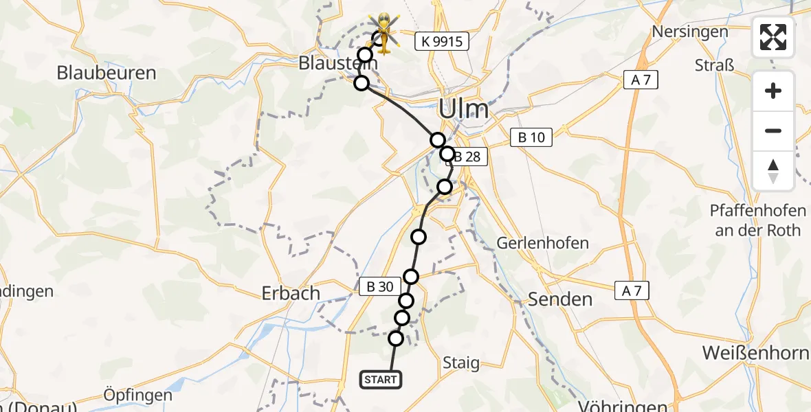 Flugroute Rettungshubschrauber Humlangen - ADAC Air Rescue Station Ulm (Christoph 22), 24 Februar 2026, 14:44
