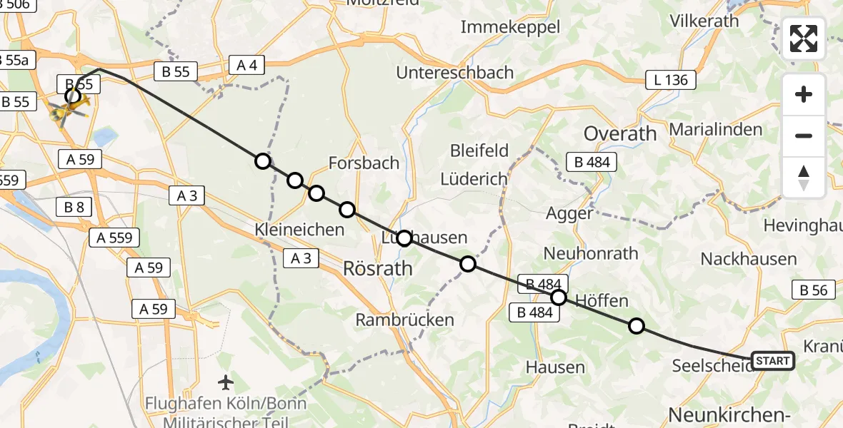 Flugroute Rettungshubschrauber Seelscheid - Merheim Hospital Heliport, 24 Februar 2026, 14:52