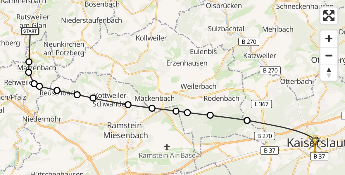 Flugroute Rettungshubschrauber Theisbergstegen - Westpfalz Hospital Kaiserslautern Heliport, 24 Februar 2026, 14:53