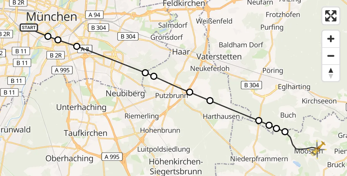 Flugroute Rettungshubschrauber Ludwigsvorstadt-Isarvorstadt - Moosach, 24 Februar 2026, 15:07