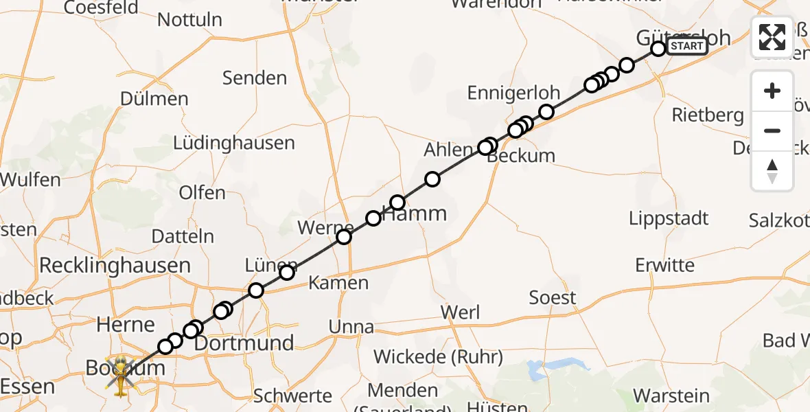 Flugroute Rettungshubschrauber Gütersloh - Bochum, 24 Februar 2026, 15:14