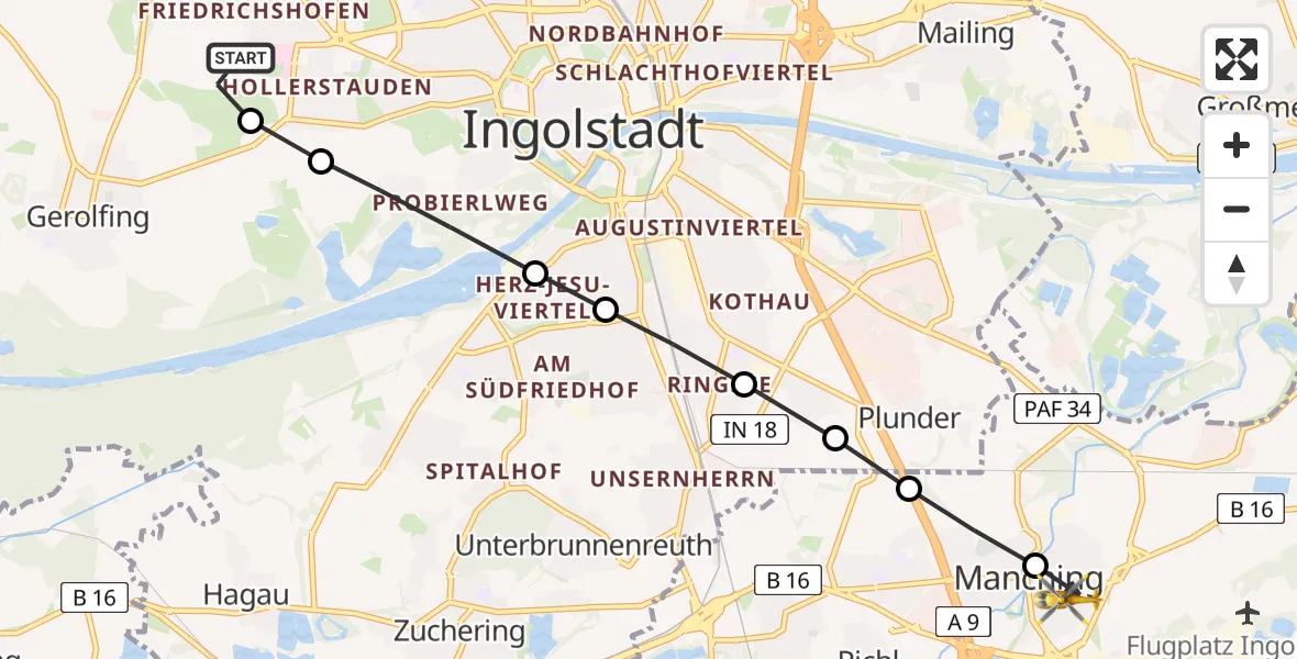 Flugroute Rettungshubschrauber Ingolstadt Hospital Heliport - Manching, 24 Februar 2026, 15:16