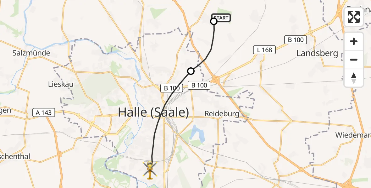 Flugroute Ambulanzhubschrauber Halle-Oppin Airfield - Halle (Saale), 24 Februar 2026, 15:22