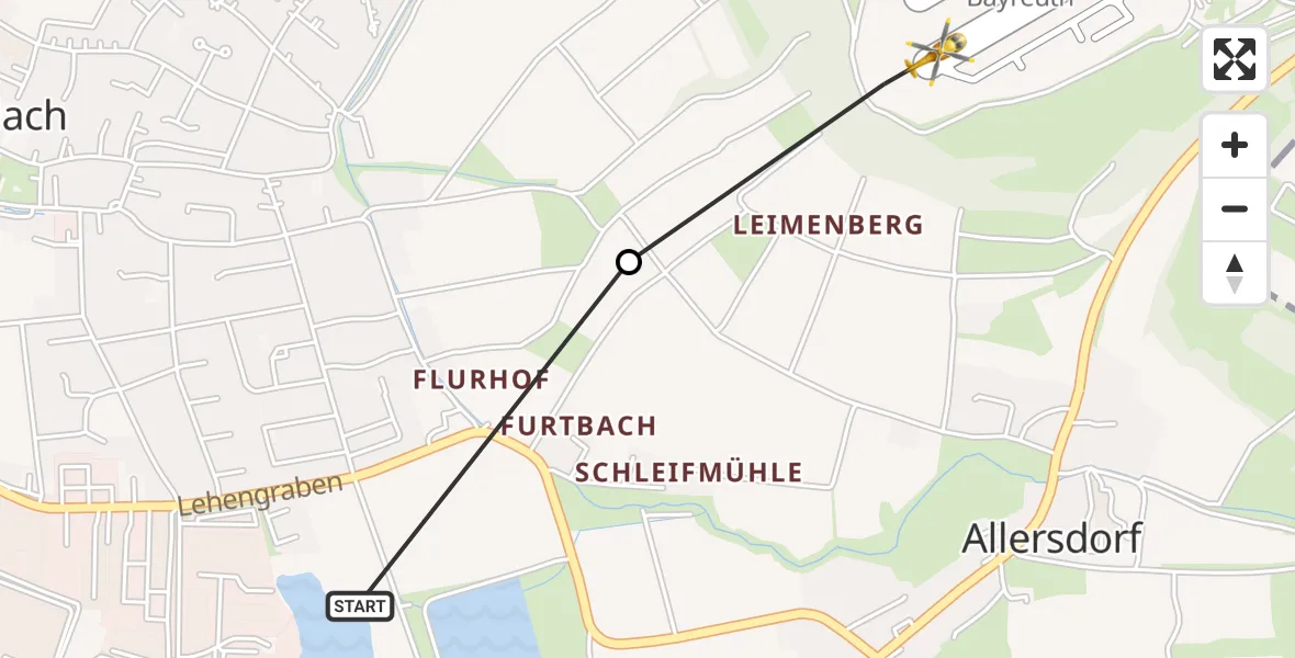 Flugroute Rettungshubschrauber Allersdorf - Bayreuth Airport, 24 Februar 2026, 15:23