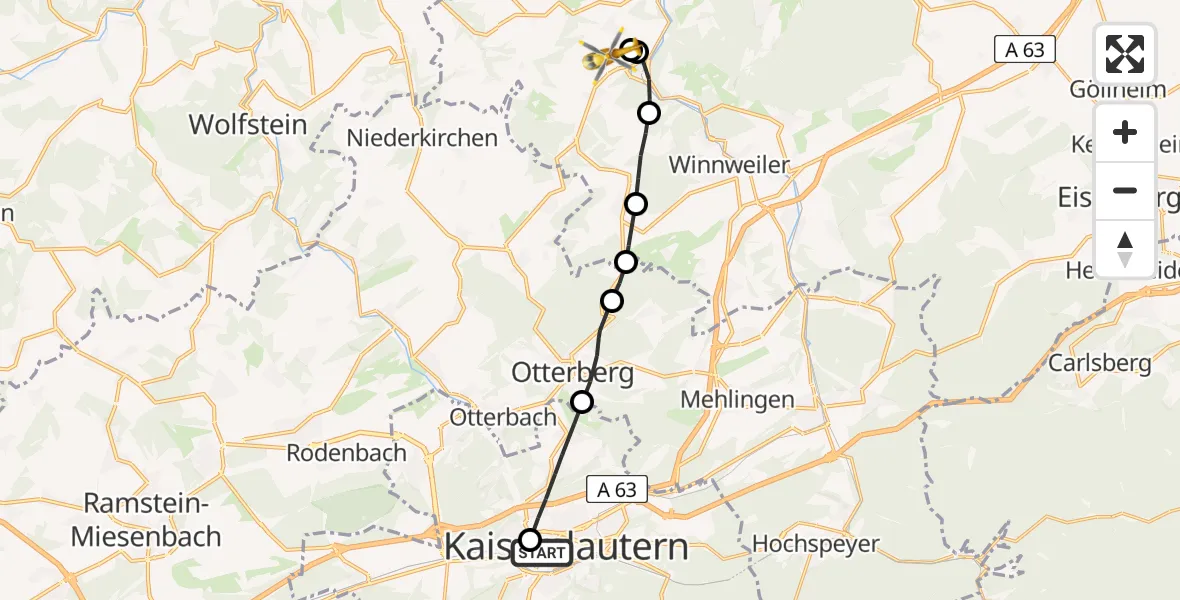 Flugroute Rettungshubschrauber Westpfalz Hospital Kaiserslautern Heliport - Imsweiler UL, 24 Februar 2026, 15:27