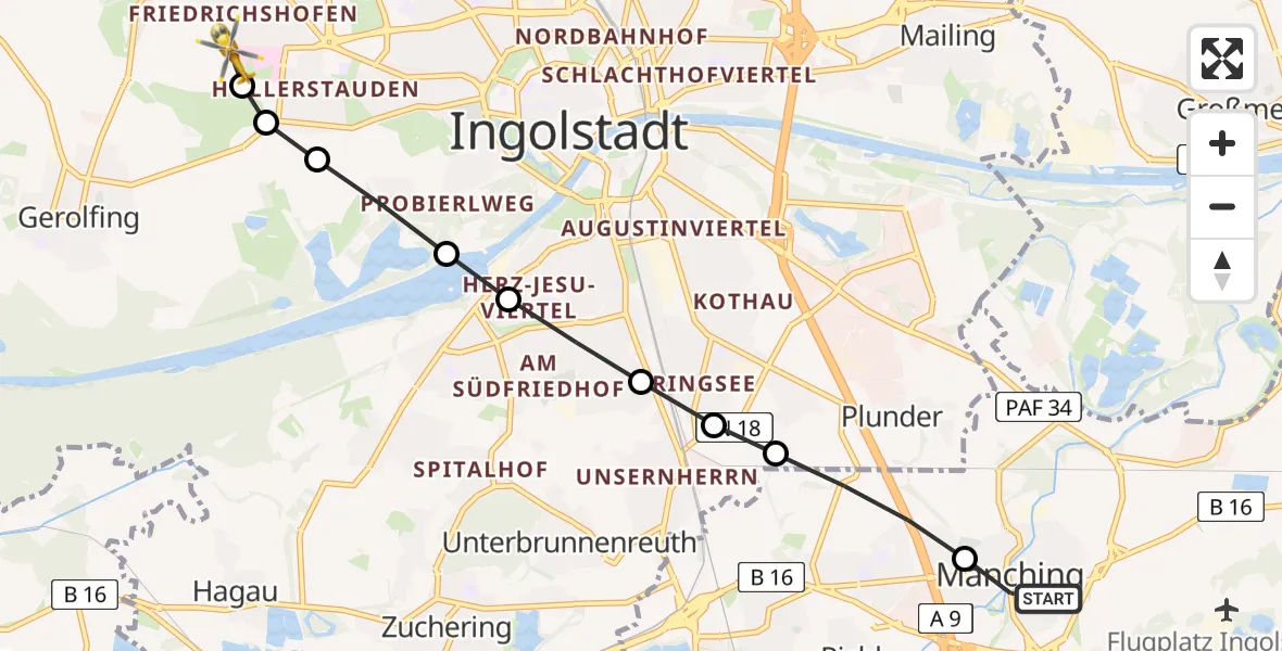 Flugroute Rettungshubschrauber Manching - Ingolstadt Hospital Heliport, 24 Februar 2026, 15:46