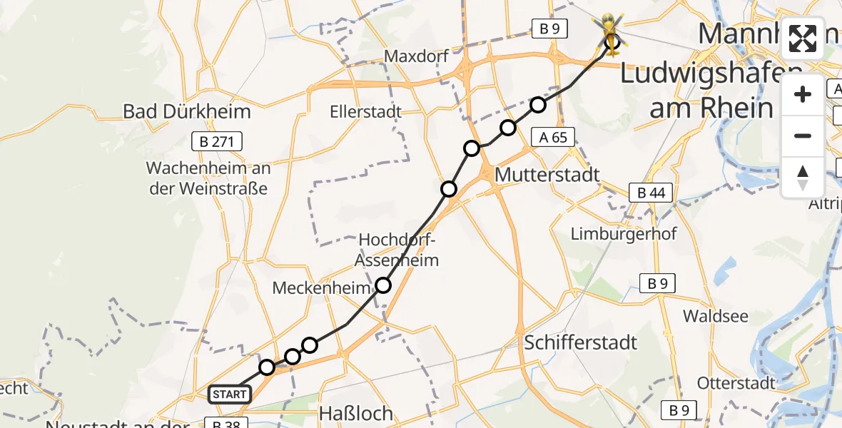 Flugroute Rettungshubschrauber Neustadt an der Weinstraße - Ludwigshafen Accident Hospital Heliport, 24 Februar 2026, 15:48