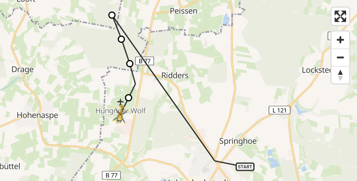 Flugroute Rettungshubschrauber Springhoe - Itzehoe Hungriger Wolf Airfield, 24 Februar 2026, 15:50