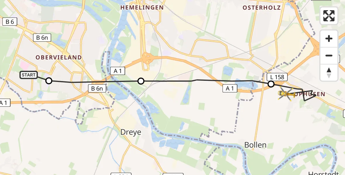 Flugroute Rettungshubschrauber ADAC Air Rescue Station Bremen Heliport (Christoph 6) - Achim, 24 Februar 2026, 15:50