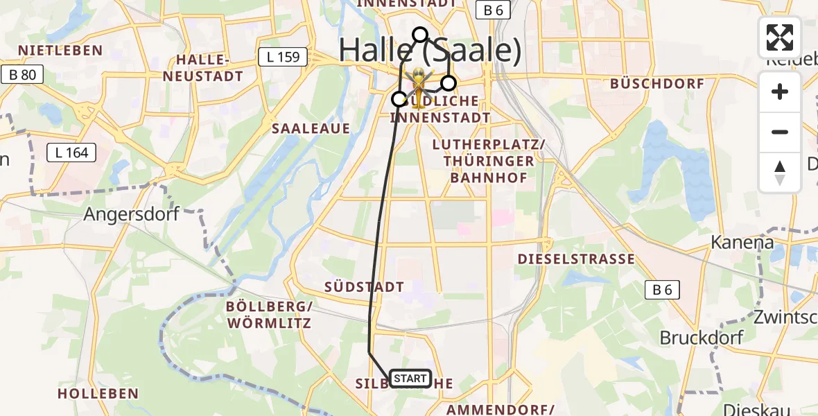 Flugroute Ambulanzhubschrauber Halle (Saale) - Sankt Elisabeth and Sankt Barbara Hospital Halle (Saale) Heliport, 24 Februar 2026, 15:59