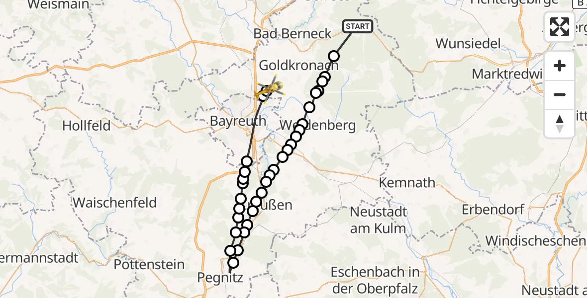 Flugroute Rettungshubschrauber Birnstengel - Bayreuth Airport, 24 Februar 2026, 16:12